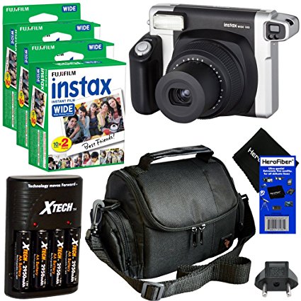 Fujifilm INSTAX 300 Wide-Format Instant Photo Film Camera (Black/Silver)   Fujifilm instax Wide Instant Film, Twin Pack (60 sheets)   4 AA High Capacity Rechargeable Batteries with Battery Charger   Camera Case   HeroFiber Ultra Gentle Cleaning Cloth