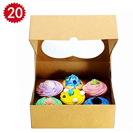 RomanticBaking 6 Cupcake Boxes,20 Pack Heart-shaped Brown Kraft Bakery Cupcake Carrier With Window For Standard 6 Cupcake And Muffin