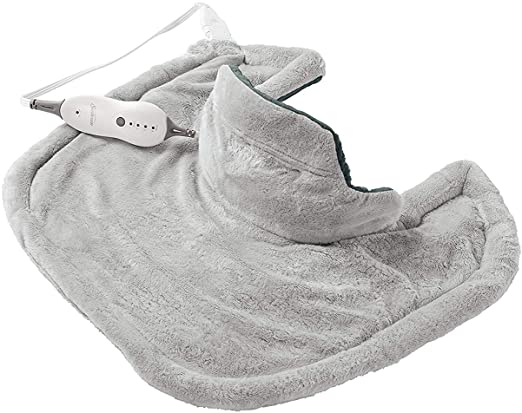 Sunbeam Renue Contouring Neck and Shoulder Heating Pad, 4 Temperature Settings, 2-Hour Auto-Off, Machine Washable, 22’’ x 19’', Grey