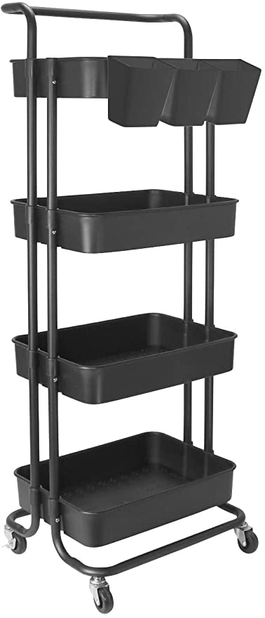 4 Tier Cart Rolling Utility Organizer Trolley Storage Shelf Rack with Lockable Wheels and Handles for Living Room Kitchen Office (4 Tier-Black)