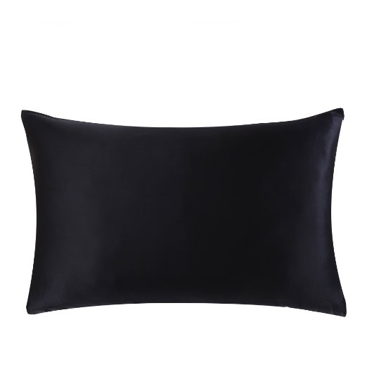 OOSilk Standard Queen Mulberry Charmeuse Silk Pillowcase with Hidden Zipper, Cotton Underside - Black