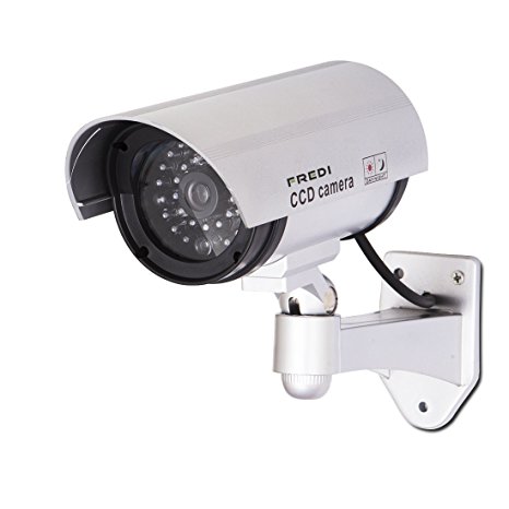 FREDI Bullet Dummy Fake Surveillance Security CCTV Bullet Camera Indoor Outdoor with Record LED Light and Sticker