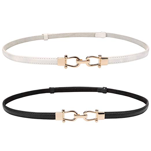 Leather Skinny Women Belt Thin Waist Belts for Dresses Up to 37"with Interlocking Buckle 2 Pack