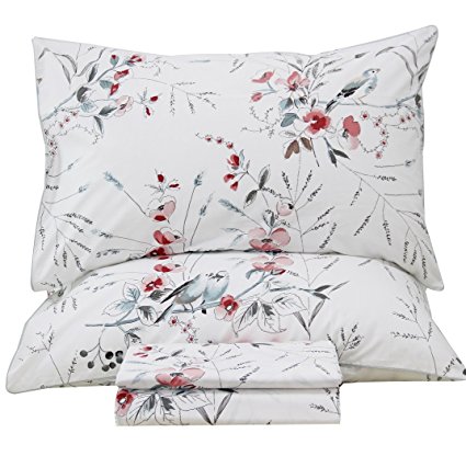 Queen's House Botanical Garden Bird Print Bed Sheets Set EGYPT Cotton Bedding Sheets and Pillowcases-King,J