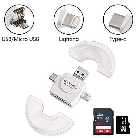 SD/Micro SD Memory Card Reader, G-TING Iphone USB TF Card Reader Adapter with Lightning & USB &Micro USB & Type C Connectors (White)