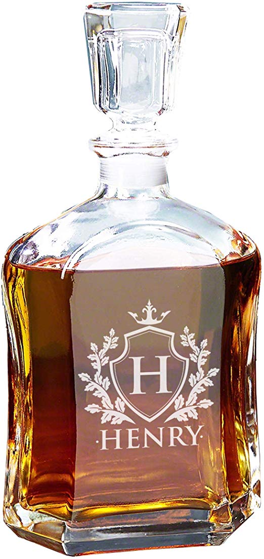 Custom Engraved Liquor Decanter, Glass Whiskey Gifts, Personalized for Free with Shield Design - 23.75 Oz