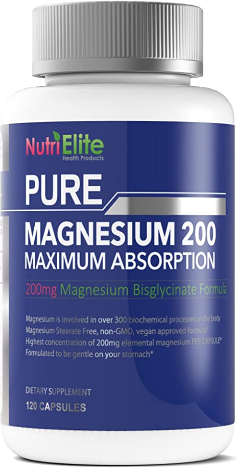 NutriElite Pure Magnesium Glycinate Chelate (as Bisglycinate) - 200mg of High Absorption Chelated Mag Supplement ( 400 mg Daily) - Easy To Swallow Capsules (Not Tablets) - 120 Caps