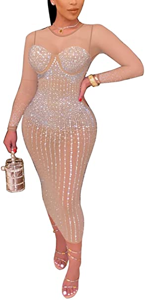 GLUDEAR Women's Sexy Hot Drilling Process Spaghetti Strap See Through Party Club Night Dress Plus Size