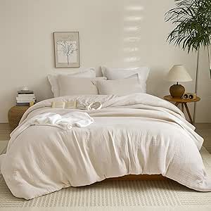 PHF Cotton Muslin Comforter Set King Size, Breathable Lightweight Super Soft Bedding Sets for All Season,3 Pieces, 1 Comfy Comforter (104"x90"),2 Pillow Shams(20"x36"), Natural