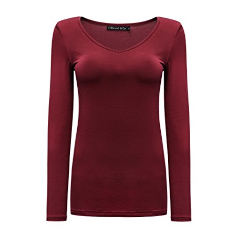 OThread & Co. Women's Long Sleeves V-Neck T-Shirt Plain Basic Spandex Tee