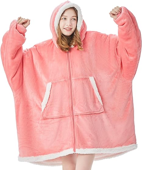 Topcee Oversized Wearable Blanket Sherpa Fleece Blanket Hoodie Comfortable Soft Warm Thick Big Hooded Sweatshirt Hoodie Blanket - Cozy and Fuzzy blanket Hoodie with Giant Pocket - Pink