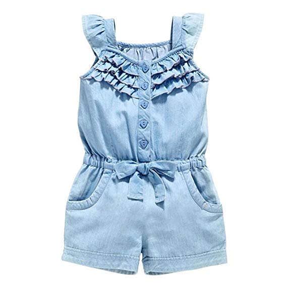 OWIKAR Baby Girls Rompers Lace Denim Vest Shorts Boat Neck Summer Dress for Age 1-6