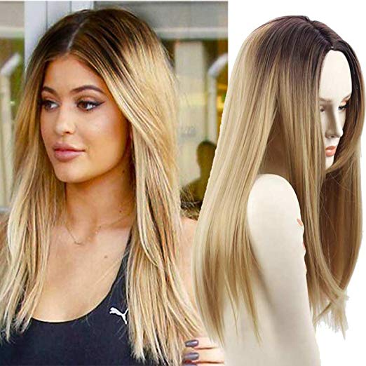 Long Straight Hair Two Tone Black and Blonde Ombre Wig Heat Resistant Fiber Natural Blonde Wig Synthetic Wigs