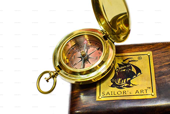 Sailor's Art Antique Brass Compass with Sheesham Wooden Box, Vintage Antique Home Décor & Gift