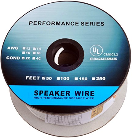 C&E 50 Feet 14AWG CL2 Rated 2-Conductor Loud Speaker Cable (For In-Wall Installation)