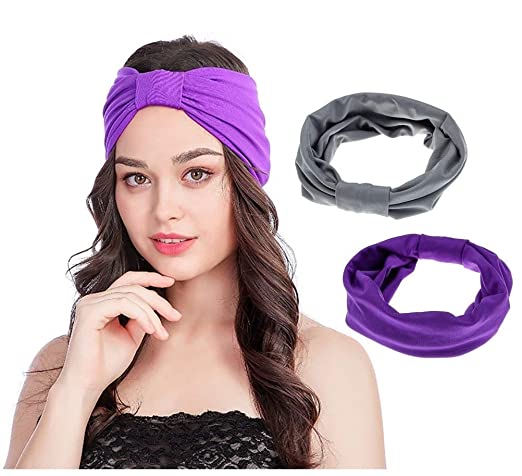 Yoga Headbands for Women/Sweatband for Sports, Workout or Running, Versatile Solid Headband Hair Wrap Multi-Style Casual Sports Headwear, Head Bands for Girls（ Purple   Gray）