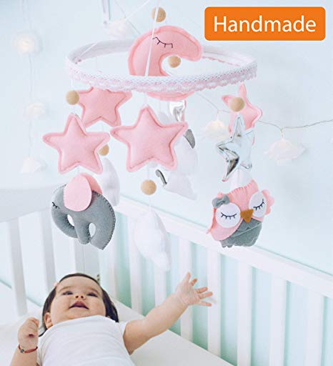 Baby Music Mobile for Girl Felt Nursery Crib Mobile Handmade Baby Shower Gift Crib ARM is Included (Pink Gray)