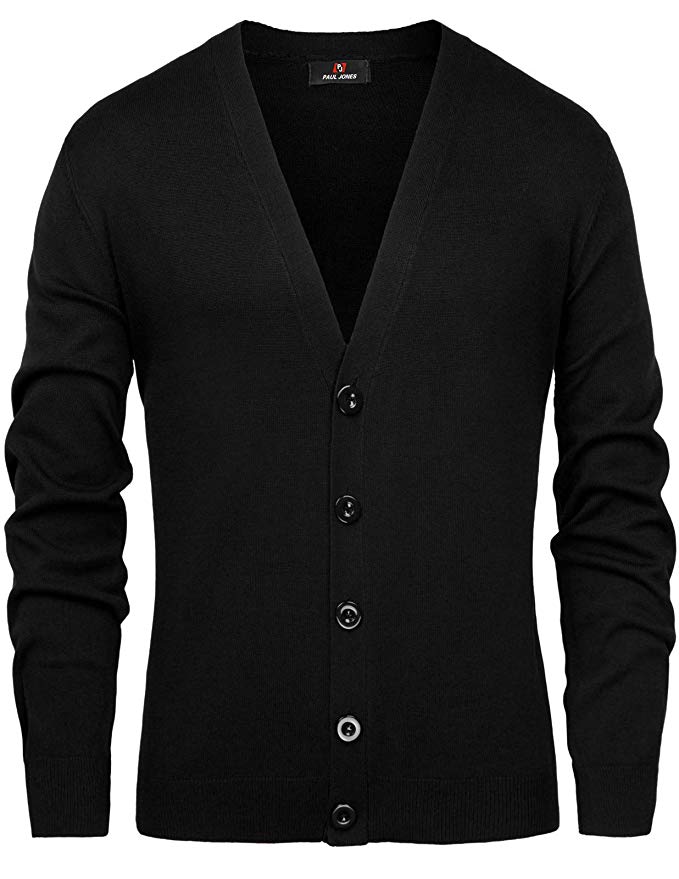 PAUL JONES Mens Stylish V-Neck Button Placket Cardigan Sweater with Ribbing Edge