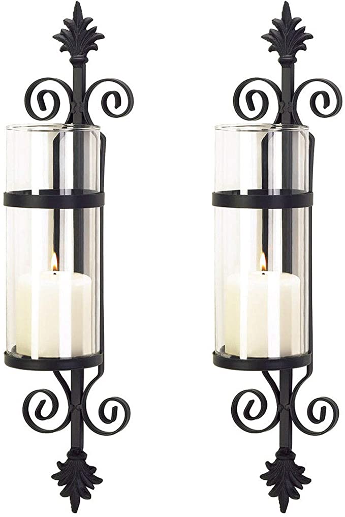 2 Black Iron French Hurricane Candle Holder Wall Sconce