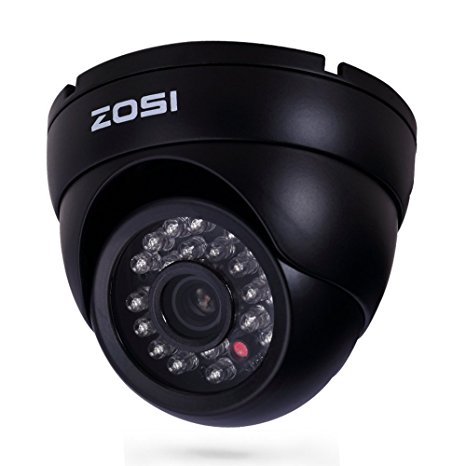 ZOSI 1/3" 800TVL HD IR Cut CCTV Dome Home Security Dome Indoor outdoor Day Night Camera -3.6mm lens 65ft (20m) IR Distance, Aluminum Metal Housing (Black)