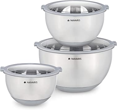 Navaris Stainless Steel Mixing Bowls (Set of 3) - Mixing Bowl Set with Lids, Non-Slip Silicone Base, Measurements - 1.4, 2.8, 4.7 Litres (Grey)