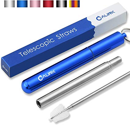 ALINK Portable Reusable Collapsible Drinking Straws - Telescopic Stainless Steel Foldable Metal Straw with Aluminum Case & Cleaning Brush—Blue