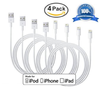 Antopos® 3 Feet / 1 Meter Sync and Charge Lightning to USB Cable ( 4 Pack ) ( White )