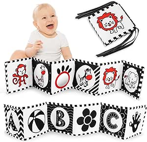 Vicloon Baby Soft Books, Black and White Baby Bath Cloth Book, High Contrast Foldable Soft Fabric Quiet Book, Touch and Feel Crinkle Cloth Books for Babies Infants Toddlers First Book