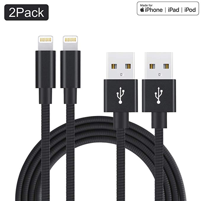 Metzonic Apple MFi Certified iPhone Charger 2 Pack 3.3Feet Metal Stainless Steel Braided USB Charging Cable High Speed Connector Data Sync Transfer Cord Compatible with iPhone/iPad (Black, 3.3 ft)