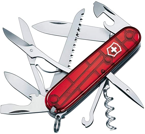 Victorinox Huntsman Swiss Army Pocket Knife, Medium, Multi Tool, 15 Functions, Large Blade, Bottle Opener, Silver Transp.