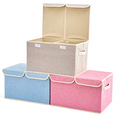 Large Storage Boxes [3-Pack] EZOWare Large Linen Fabric Foldable Storage Cubes Bin Box Containers with Lid and Handles for Nursery, Closet, Kids Room, Toys, Baby Products (Assorted)