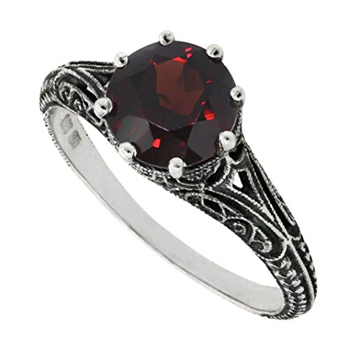 BL Jewelry Antique Finish Filigree Sterling Silver Round Cut Natural Mozambique Garnet Ring (2.5 CT.T.W)