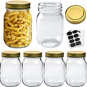 16oz/500ml Mason Jars, Woaiwo-q Glass Jars with Lids for Wedding Favors, Jelly, Jam, Honey, Shower Favors, Baby Foods, DIY Projects(Gold, Set of 6)