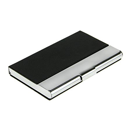 Holiberty Fashion PU Leather Business Name Card / Credit ID Card Holder Stainless Steel Metal Frame Case Organizer Gift - Black