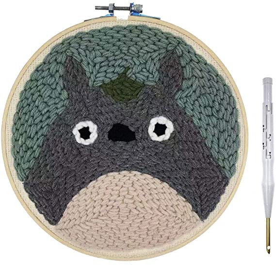 Wool Queen Punch Needle Starter Kit | Cartoon Rug Hooking Beginner Kit, with an Adjustable Embroidery Pen and 8.0'' Bamboo Hoop-Totoro