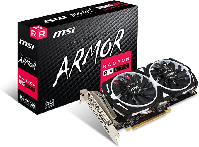 MSI RADEON RX 570 ARMOR 8G OC Graphics Card '8GB GDDR5, 1268Hz, AMD Polaris 20 XL GPU, 3x DisplayPort, HDMI, DVI-D, Dual Fan Cooling System'