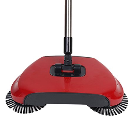 3 in 1 Household Lazy Automatic Hand Push Sweeper Broom 360 Degree Rotating Cleaning Machine Sweeping Tool Without Electricity Dustpan Trash Bin (Red)