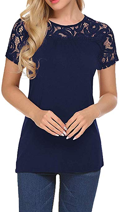 Bluetime Womens Casual Tops Lace Hollow Summer Tunic Top Loose Blouse Shirts