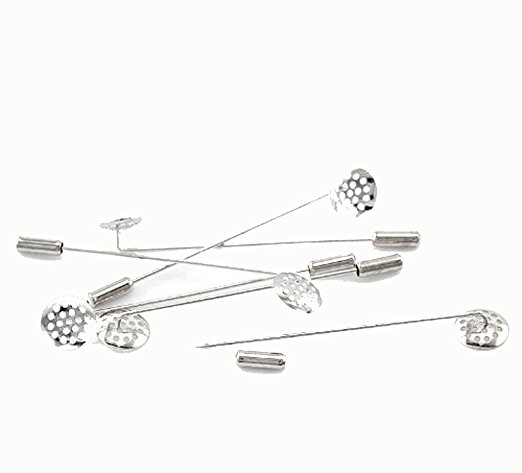 Rockin Beads Brand, 30pcs Steel/nickel Tone Round Beading Coat Stick Pin with Clutches Setting Brooches 6.9x1.2cm(2 6/8"x 4/8"), Shower Head :12mm(4/8")