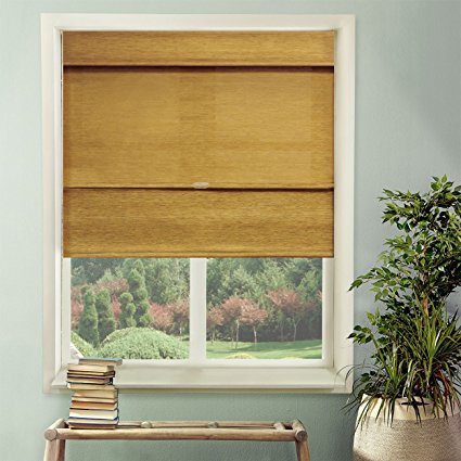 Chicology Cordless Magnetic Roman Shade, Jamaican - Natural Woven, Privacy - Jamaican Antique Gold, 35"W X 64"H