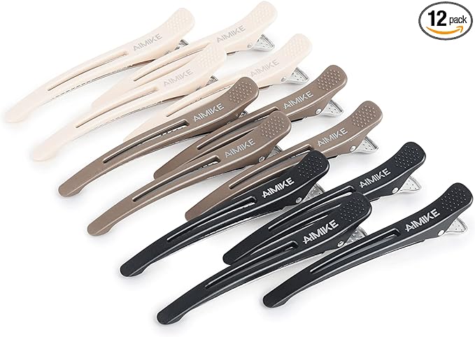 AIMIKE Professional Hair Clips for Styling Sectioning, 12pcs Non Slip No-Trace Duck Billed Hair Clips with Silicone Band, Salon and Home Hair Cutting Clips for Hairdresser, Women, Men-10.9 cm Long