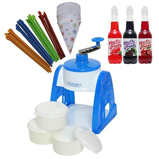 Snow Cone Gift Pack - Manual Snow Cane Maker; 3 Flavors of Syrup; 25 Snow Cone Cups and 25 Spoon Straws by VICTORIO