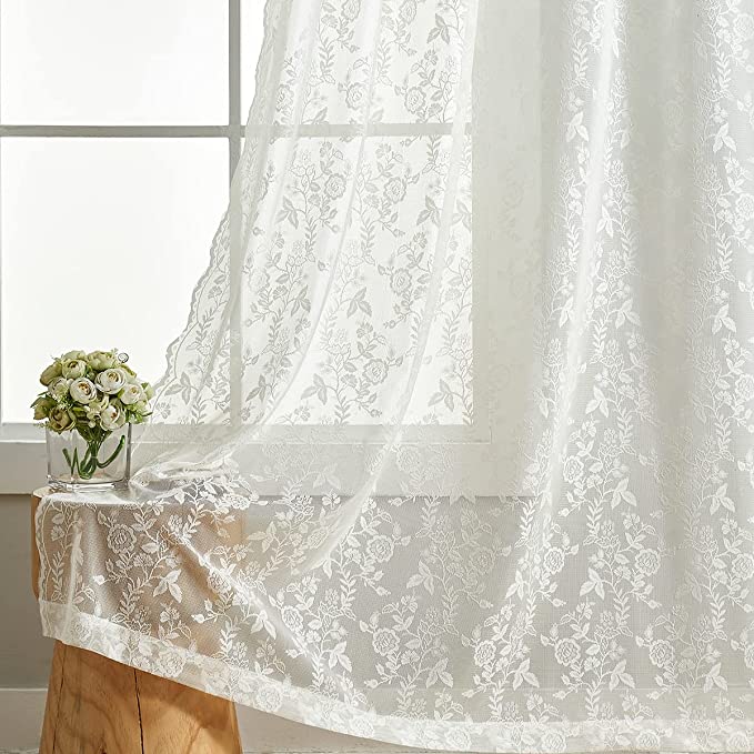 Lace Curtains for Bedroom, Counrty Rustic Ivory Lace Curtains 63 Inch Length, Branch Leaf Floral Lace Sheer Curtains for Window, Privacy Rod Pocket Sheer Lace Curtains, 52 x 63 Inch, 2 Panels, Ivory