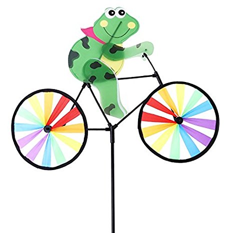 Techinal Cute 3D Animal on Bike Windmill Wind Spinner Whirligig Garden Lawn Yard Decor ( Bullfrog )