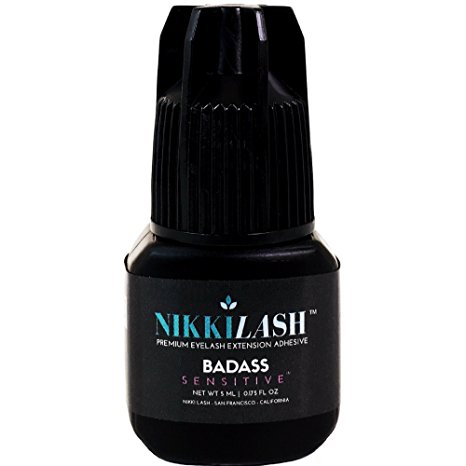 NIKKILASH BADASS SENSITIVE Eyelash Extension Glue with Latex-Free Low-Fume Low-Odor Less-Irritation | Formulated to Minimize Allergy Reactions For Sensitive Eyes Clients | Extra Strong Retention - 5ML