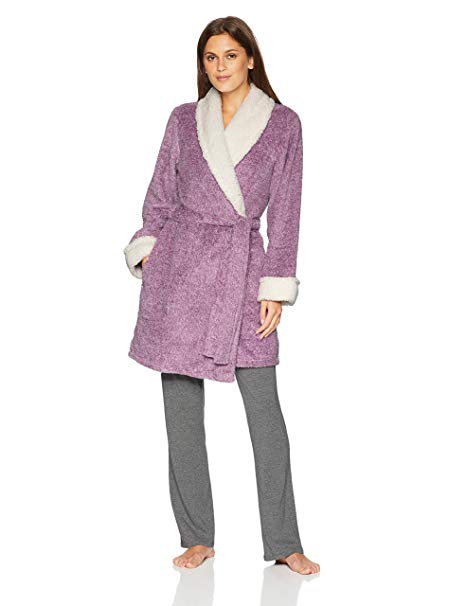 Amazon Brand - Mae Women's Tweeded Shaggy Plush Wrap Robe with Sherpa