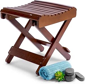 Sorbus Bamboo Folding Step Stool Bench (Brown) - for Shaving, Shower Foot Rest, Bath Chair - Great for Bathroom, Spa, Sauna, Wooden Seat, Fully Assembled - 11.75" D x 12.25" W x 13.75" H