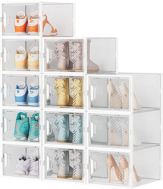 Shoe Organizer, 12 Pack Shoe Storage Shoe Organizer for Closet, Shoe Boxes Clear Plastic Stackable Shoe Storage Boxes for Size 13