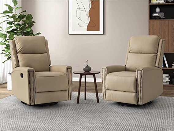 HULALA HOME Genuine Leather Swivel Rocker Recliners Set of 2, Manual Glider Recliner Chairs with Adjustable Backrest & Footrest, Modern Home Theater Sofa Armchairs for Living Room Bedroom, Beige