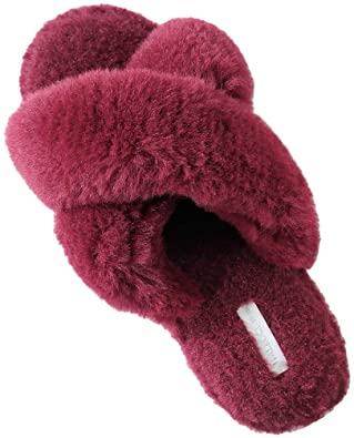 HALLUCI Women's Cross Band Soft Plush Fleece House Indoor or Outdoor Slippers